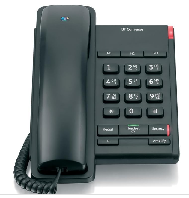 BT Converse 2100 Corded Landline House Phone, Home Phone, 3 Quick Dial Buttons, Headset Socket, Black